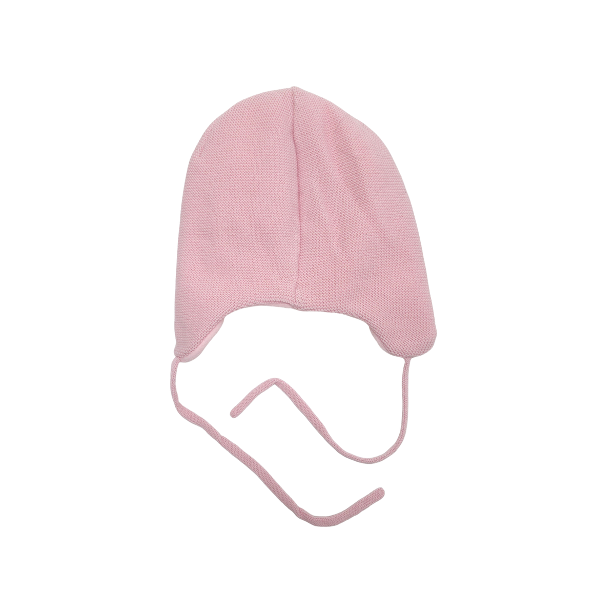 A light pink knit baby bonnet with ear flaps and long ties, shown against a plain white background.