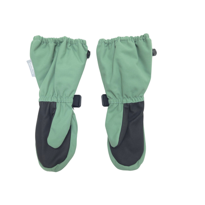 A pair of green and black mittens with elastic cuffs and black plastic buckle closures, displayed flat against a white background.