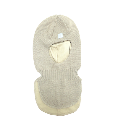 A light beige knit balaclava mask with a matching neck gaiter, featuring a small white square label on the forehead, shown against a plain white background.