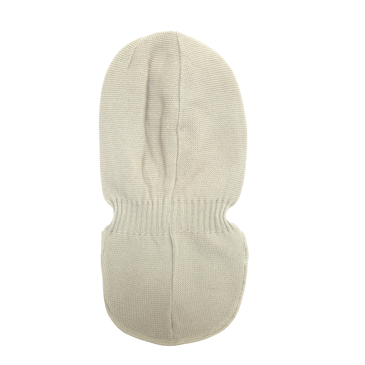 A light beige knit balaclava face covering with a ribbed neck opening, shown against a plain white background.