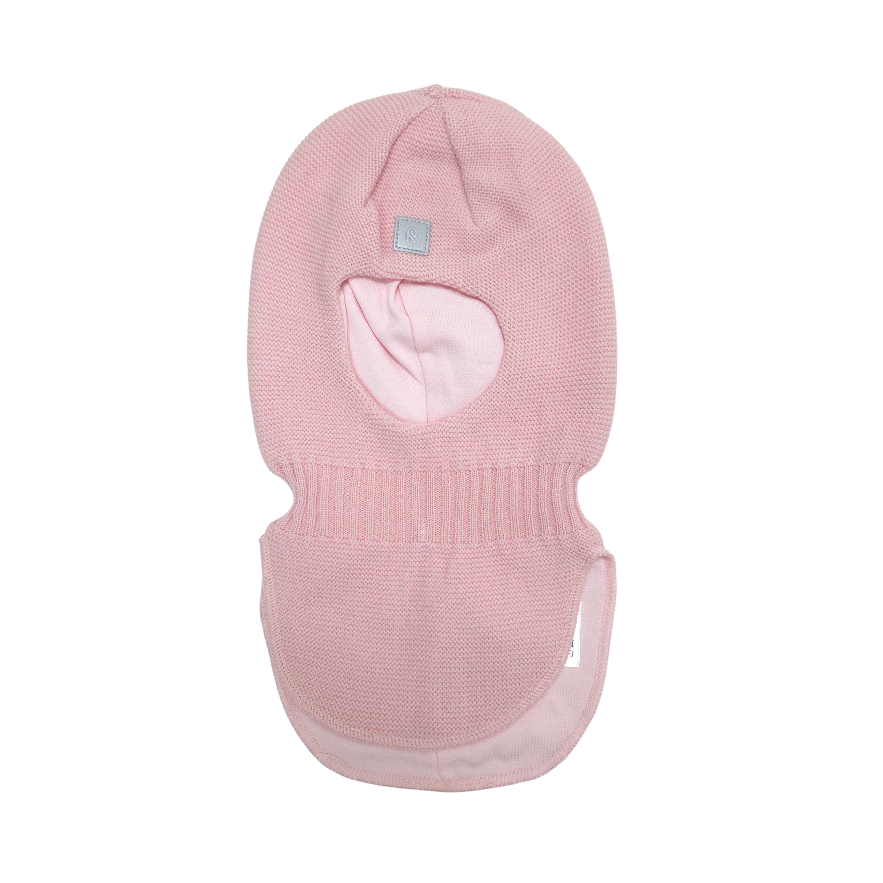 A light pink knit balaclava with an integrated neck warmer and ear protection, shown against a plain white background.