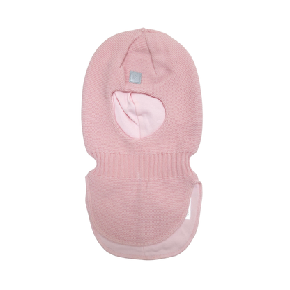 A light pink knit balaclava with an integrated neck warmer and ear protection, shown against a plain white background.