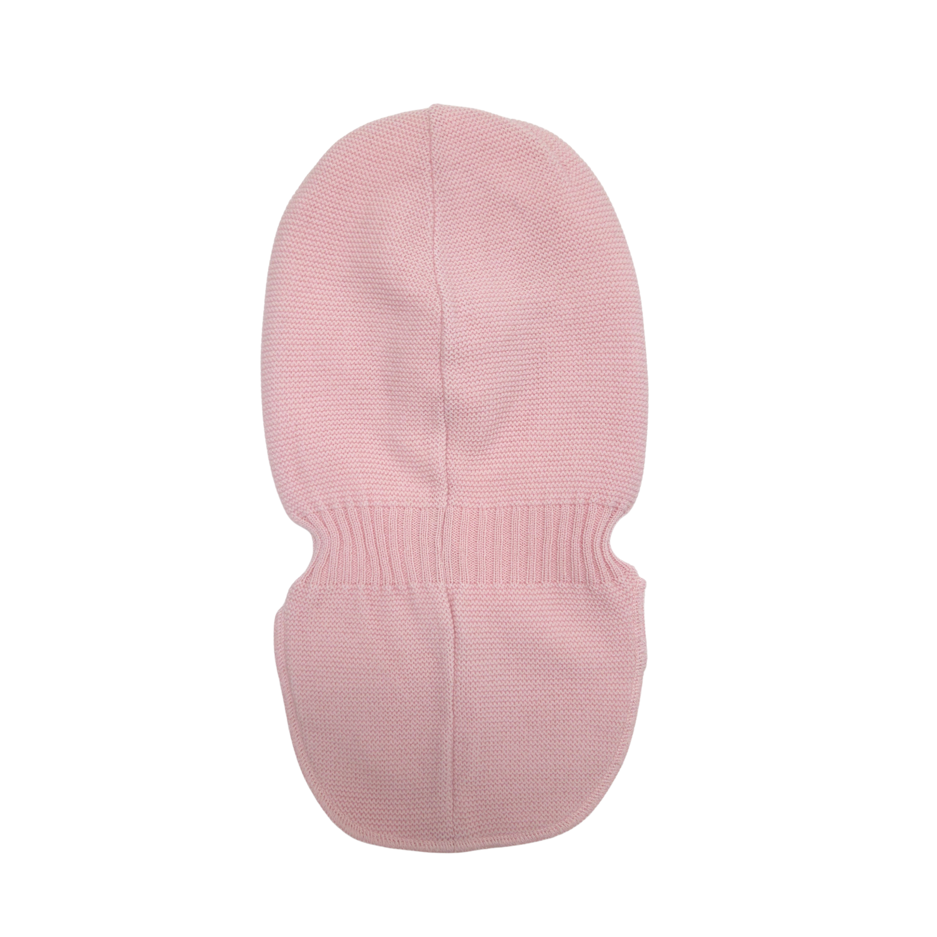 A light pink knit balaclava with a ribbed neck opening, shown flat against a solid white background.