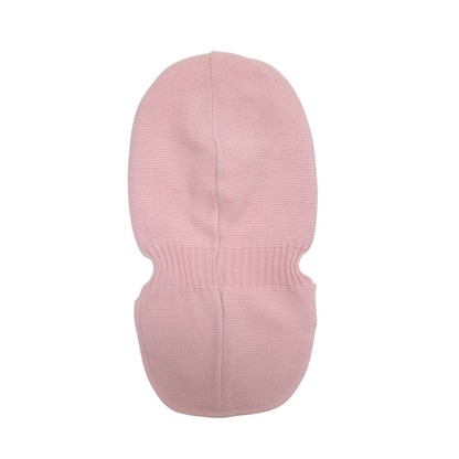 A light pink knit balaclava with a ribbed neck opening, shown flat against a solid white background.