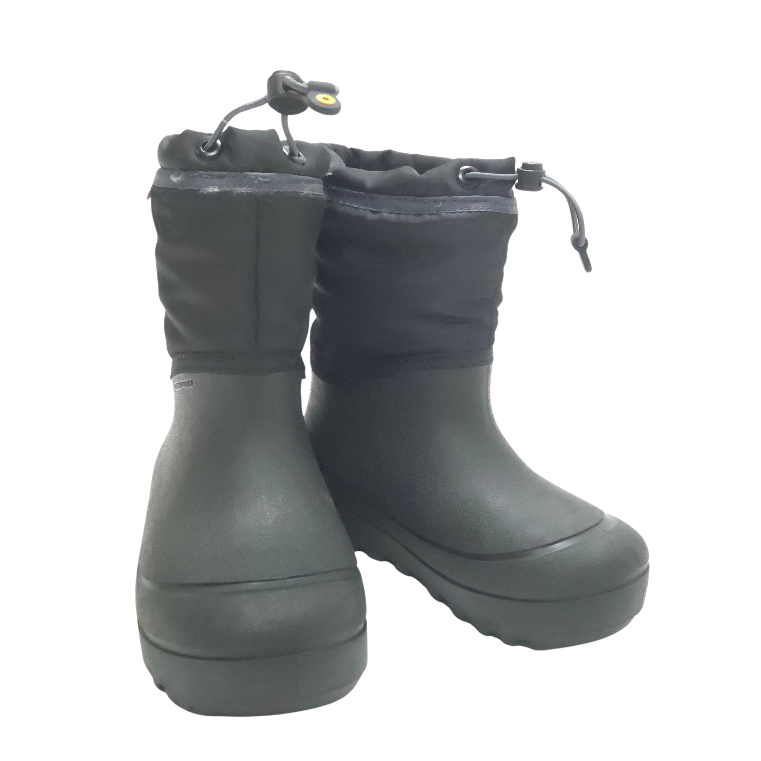 A pair of black waterproof rubber boots with adjustable drawstring ankle cuffs, shown against a plain white background.