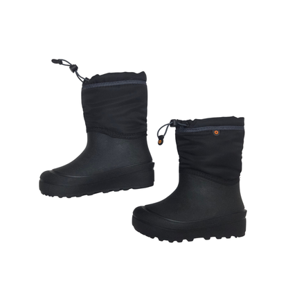 A pair of black mid-calf snow boots with black trim and black rubber soles, shown from the side on a plain white background.