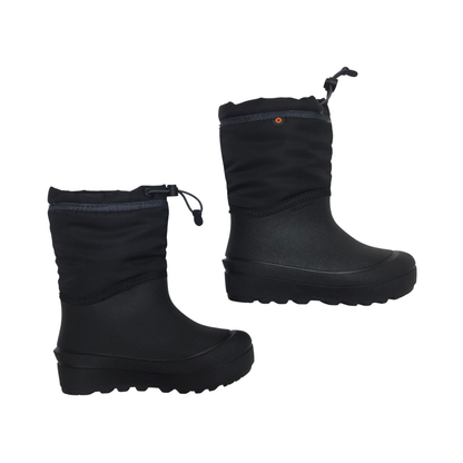 A pair of black winter snow boots with thick lug soles and drawstring closures, shown from the side and back angles on a plain white background.