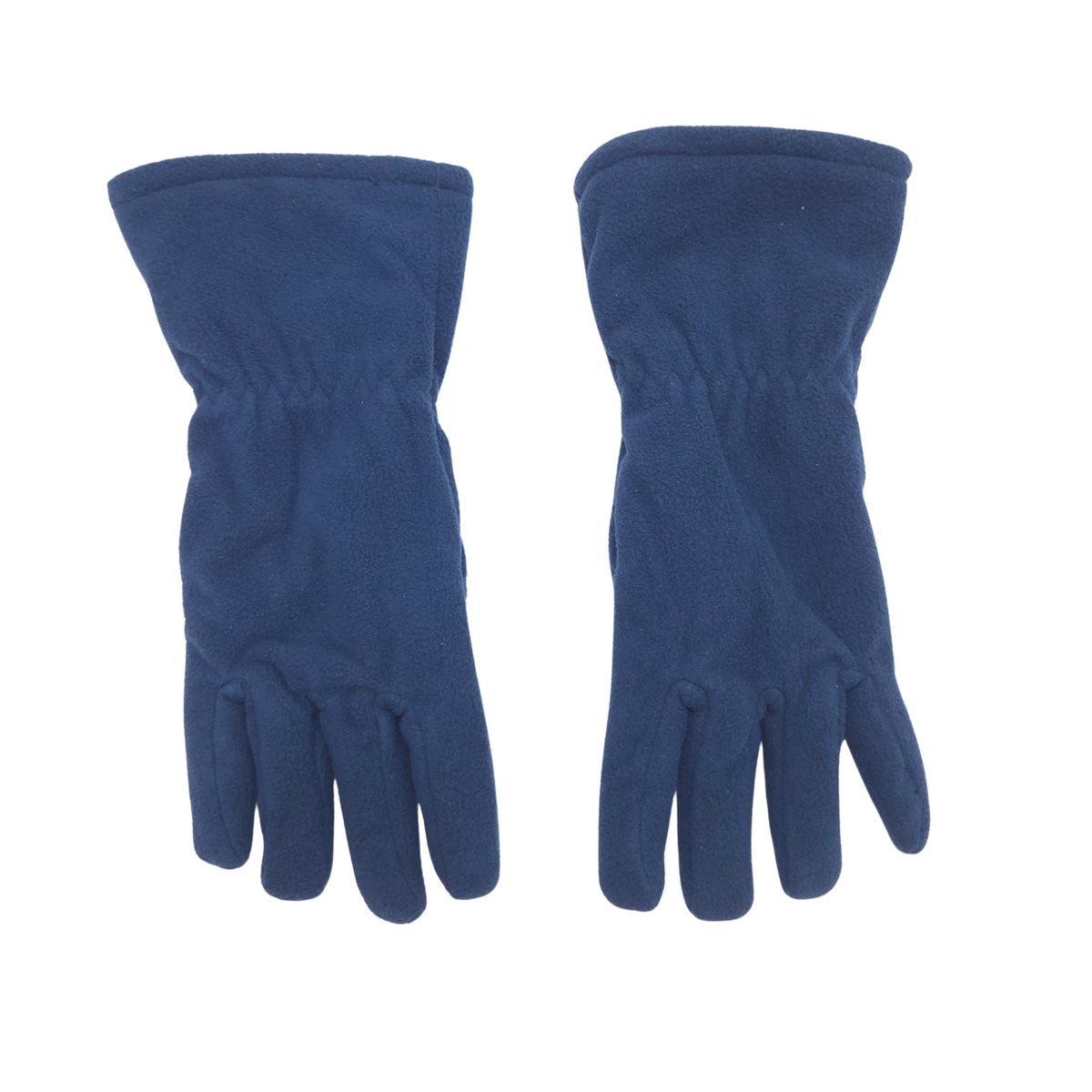 A pair of dark blue fleece gloves shown flat against a solid white background.