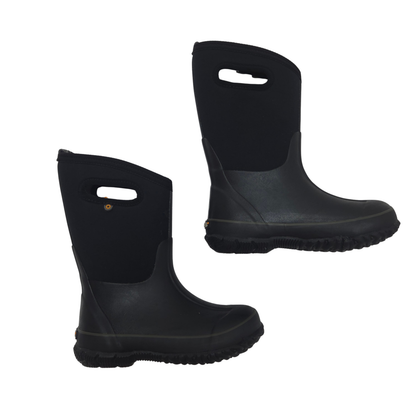 A pair of black rubber rain boots with integrated handle cutouts on the side, displayed against a solid white background.