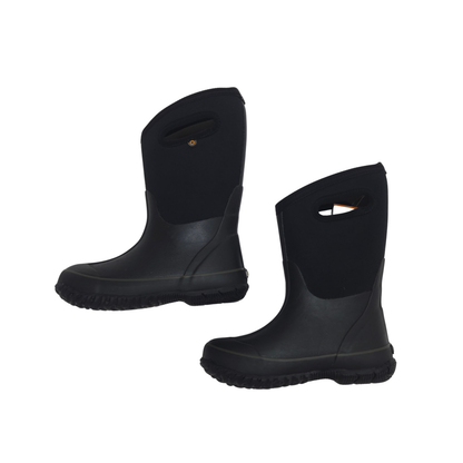 A pair of black mid-calf rubber boots with integrated pull handles, shown from the side against a plain white background.