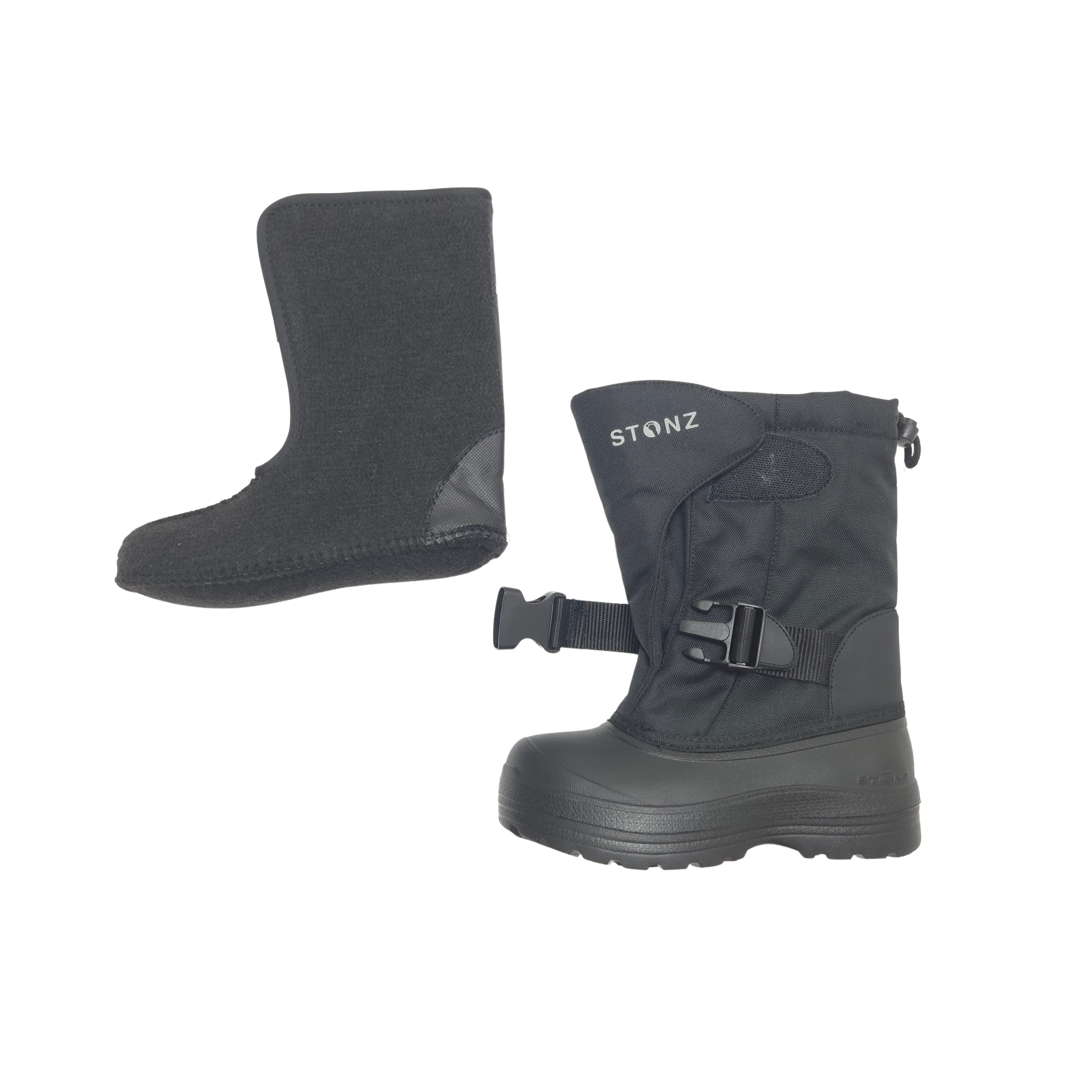 A pair of black Stonz winter boots shown on a plain white background, with removable lining.