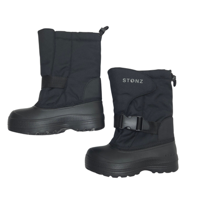 A pair of black STONZ winter boots with thick rubber soles and adjustable straps, shown against a plain white background.
