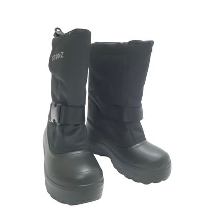 A pair of black mid-calf winter boots with rubber toes and straps, shown on a plain white background. The brand name 'STONZ' is printed in white on the side of the left boot.
