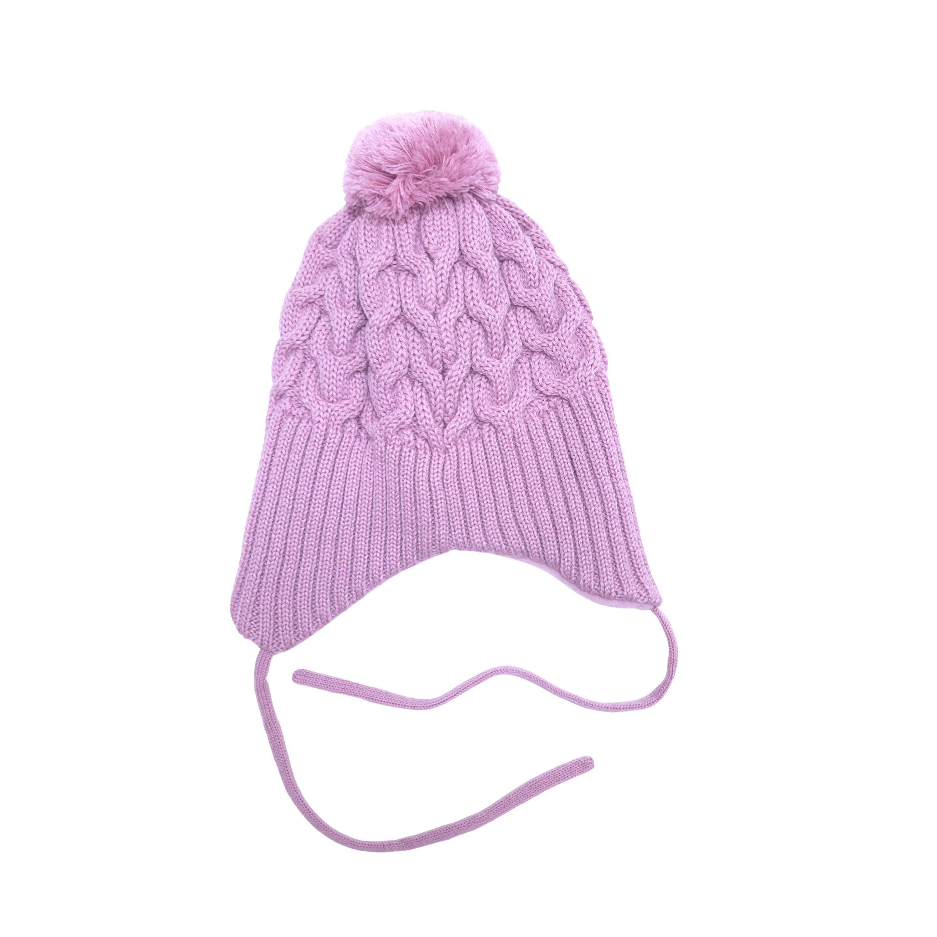 A light pink cable-knit baby beanie hat with a matching fuzzy pom-pom on top and long ear flaps with ties, shown against a plain white background.