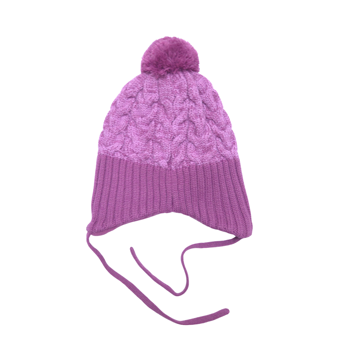 A purple cable-knit beanie hat with a matching pom-pom on top and ear loops, shown against a plain white background.