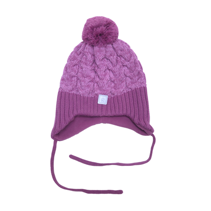 A purple cable-knit beanie hat with a matching pom-pom on top, a ribbed brim, and ear flaps with long ties, shown against a plain white background.