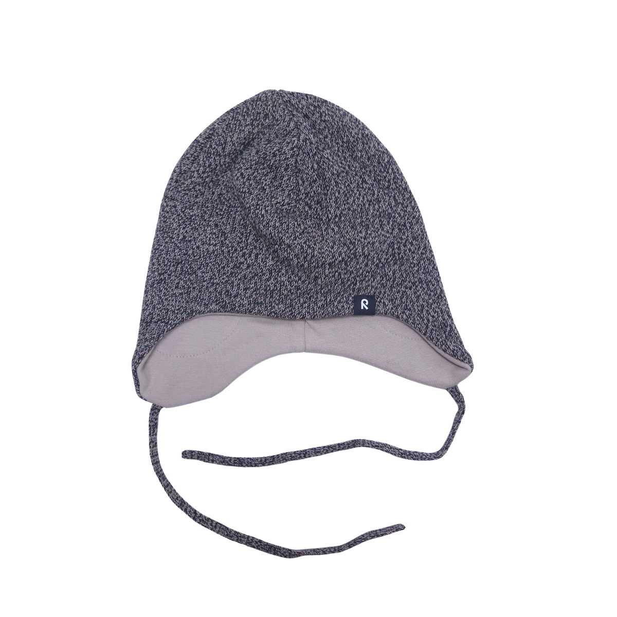 A dark gray and grey heathered knit winter beanie hat with ear flaps and long chin ties, featuring a small black brand tag with a white 'R' on the front.
