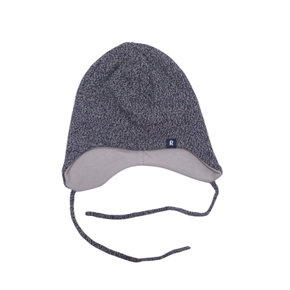 A dark gray and grey heathered knit winter beanie hat with ear flaps and long chin ties, featuring a small black brand tag with a white 'R' on the front.