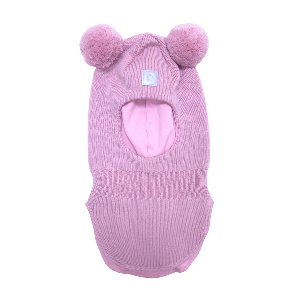 A pink knit pet hood with two fluffy pom-poms on top and a front opening, shown against a plain white background.