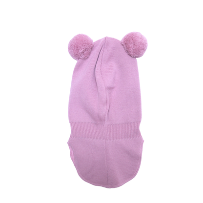 A light pink knit pet hat with two fluffy pom-poms on top, shown against a plain white background.