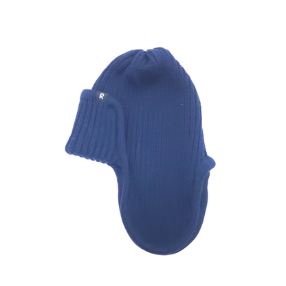 A single blue knit bootie with a ribbed cuff and a small white letter 'R' on the side, shown against a plain white background.