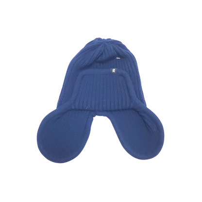 A blue ribbed knit baby hat with floppy ear flaps and a small white embroidered letter 'R' on the front, shown against a plain white background.