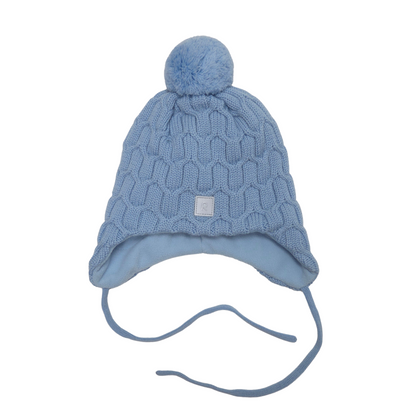 A light blue knit pom-pom beanie hat with ear flaps and long ties, shown against a plain white background.