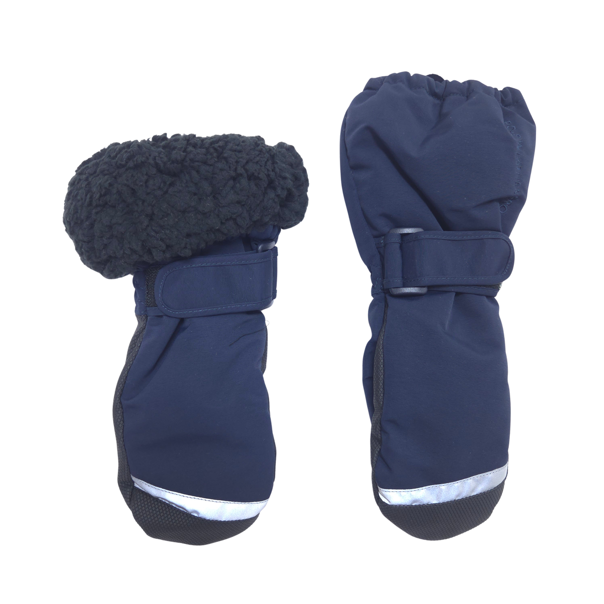A pair of navy blue winter gloves with a plush black fleece lining and reflective silver trim near the fingertips, shown against a plain white background.