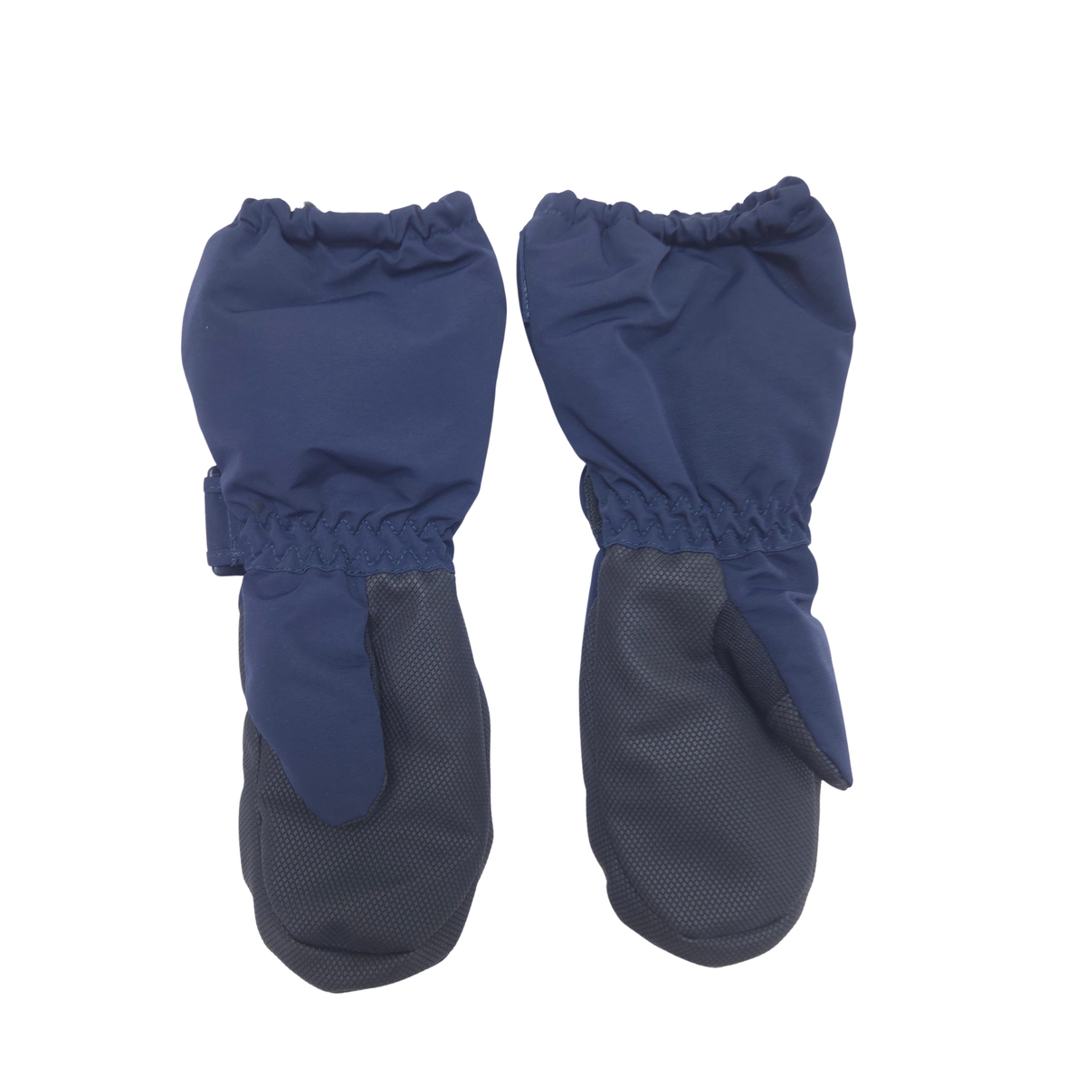 A pair of navy blue winter mittens with black textured palm, shown against a plain white background.