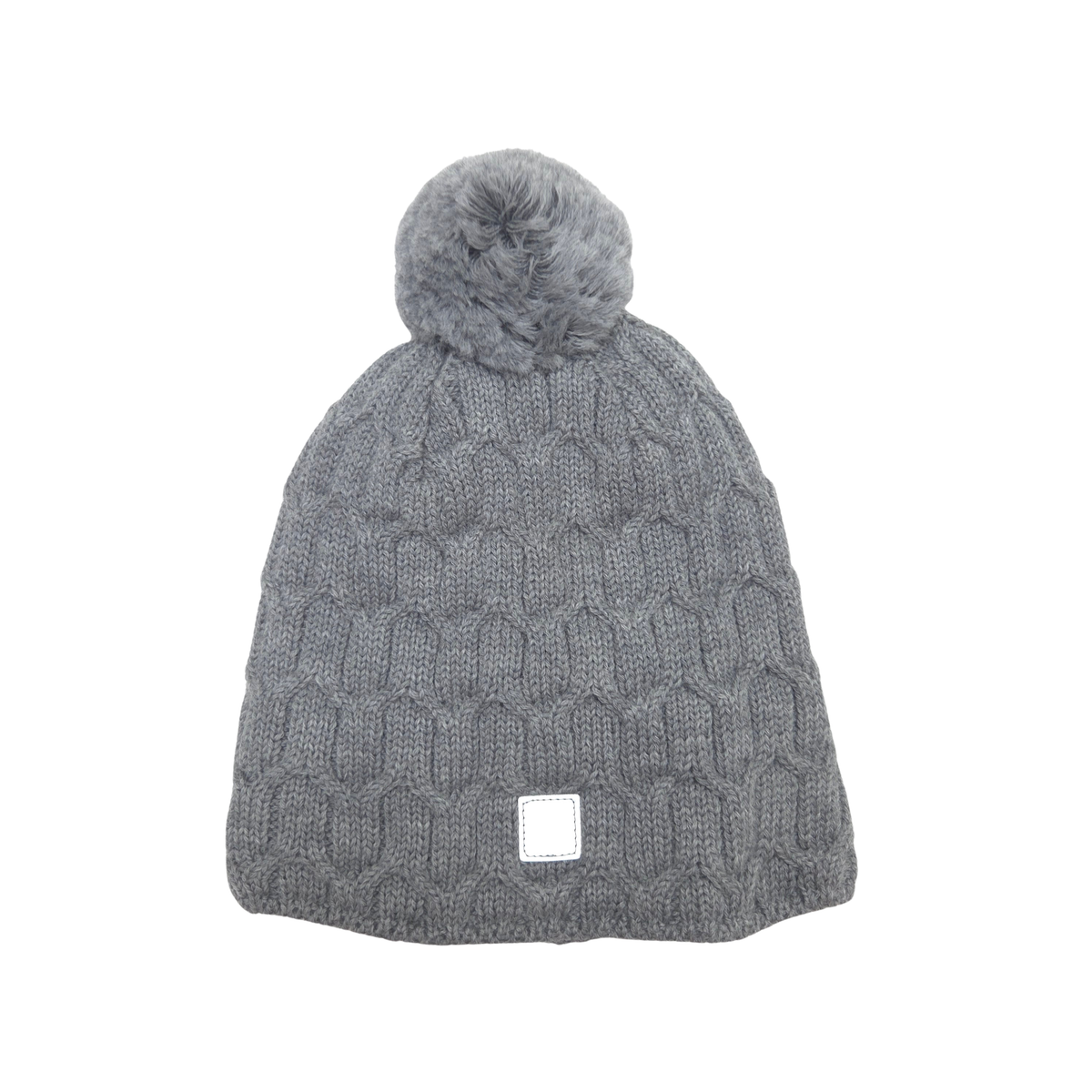 A gray cable-knit beanie hat with a fluffy gray pom-pom on top, shown against a plain white background.