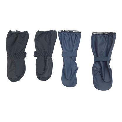 The set includes one pair of black winter mittens, size 1-2Y, and one pair of blue rain mittens, size 1-2Y.