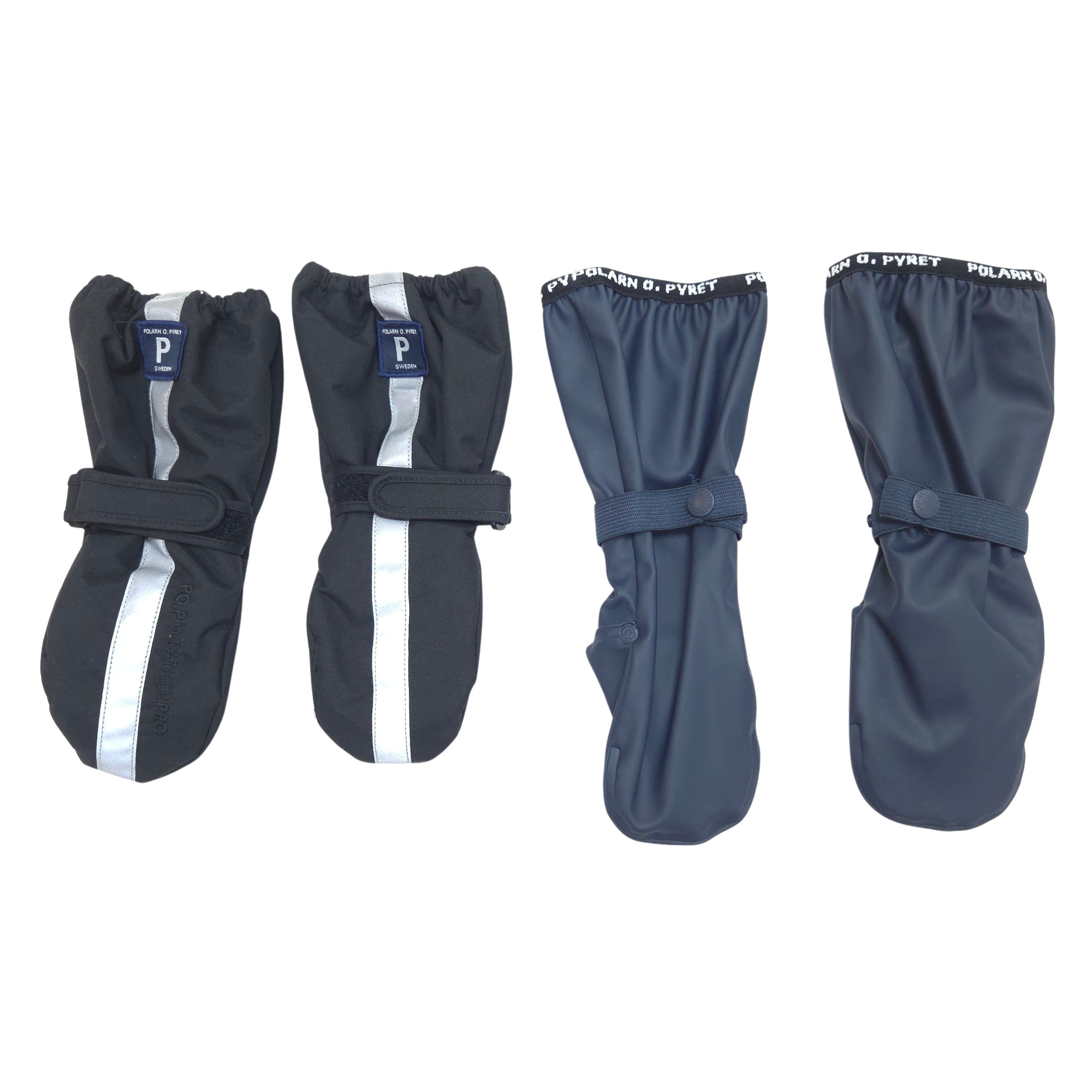 The set includes one pair of black winter mittens, size 1-2Y, and one pair of blue rain mittens, size 1-2Y.