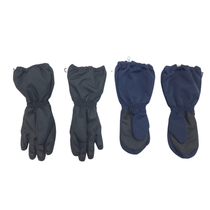 The set includes one pair of black winter mittens, size 4-6Y, and one pair of navy shell mittens, size 4-6Y.