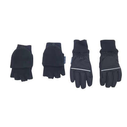 The set includes one pair of black fleece flip over mittens, size 4-6Y, and one pair of black winter gloves, size 4-6Y.