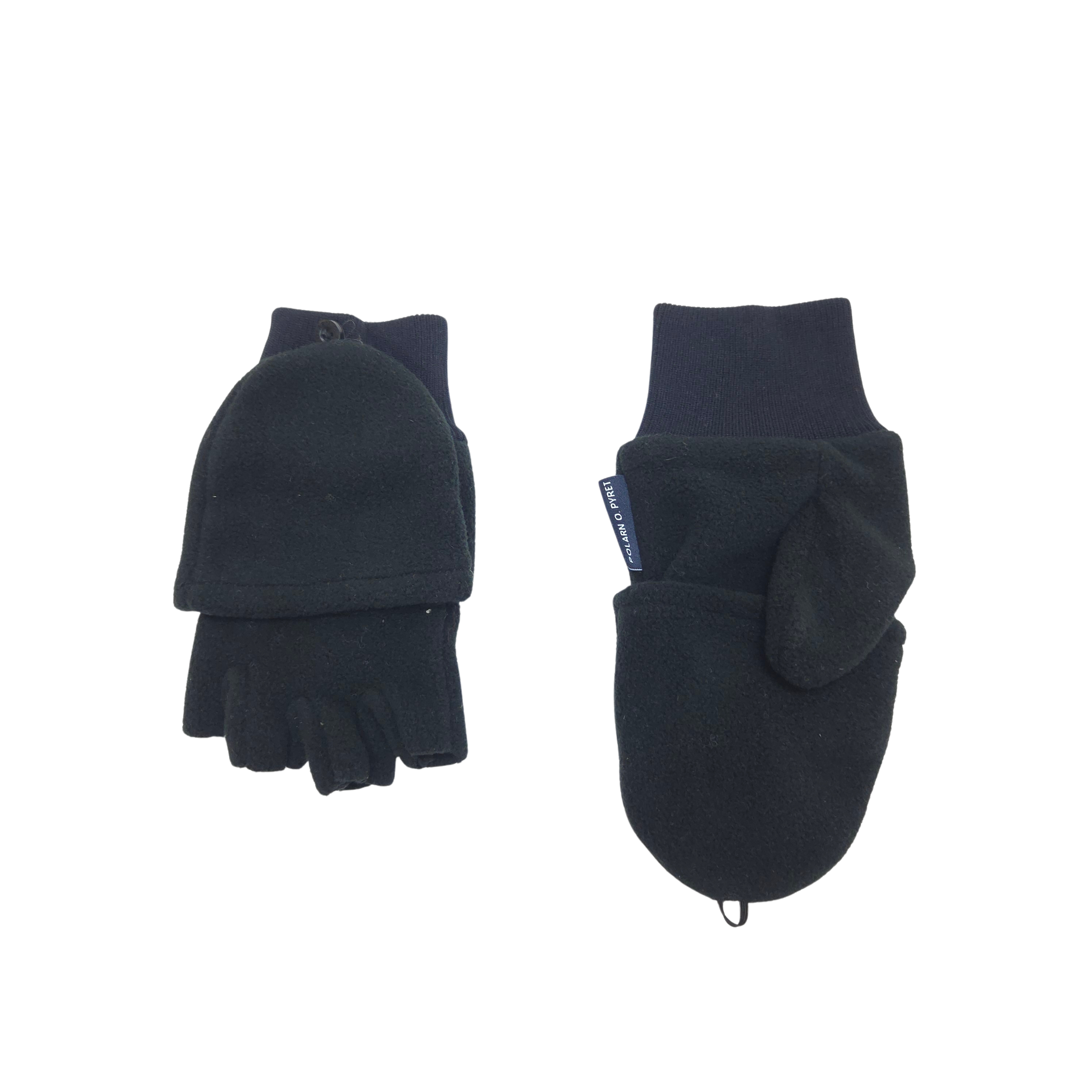 A pair of black fleece fingerless gloves, showing both the front with folded palms and the back with a wrist cuff and small blue brand tag, on a plain white background.