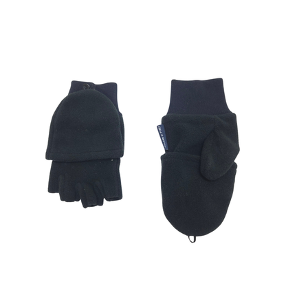 A pair of black fleece fingerless gloves, showing both the front with folded palms and the back with a wrist cuff and small blue brand tag, on a plain white background.