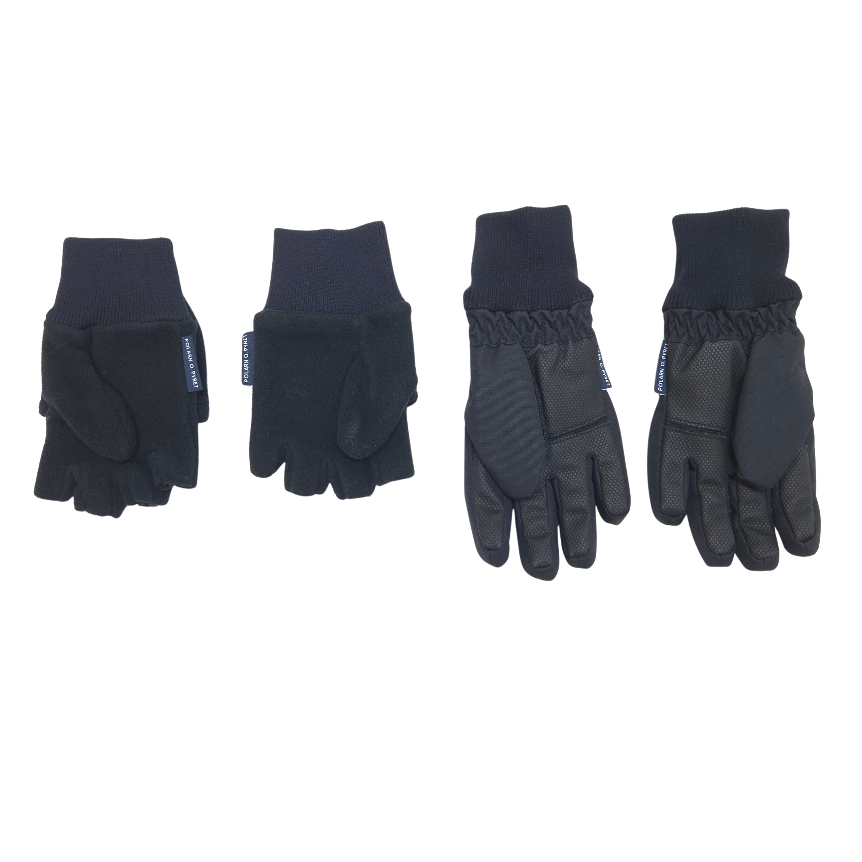 The set includes one pair of black fleece flip over mittens, size 4-6Y, and one pair of black winter gloves, size 4-6Y.