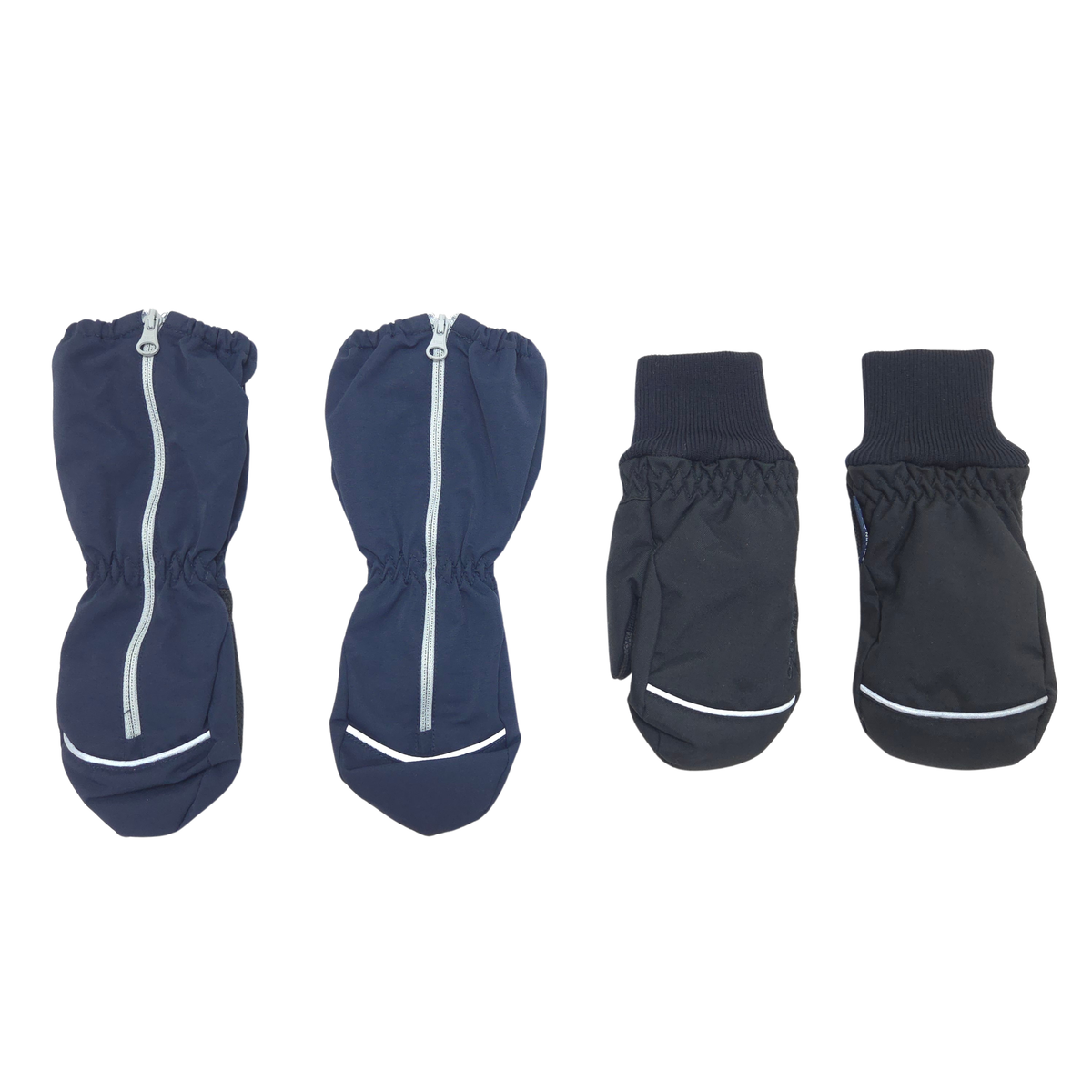 The set includes one pair of navy shell mittens, size 2-4Y, and one pair of black winter mittens, size 2-4Y.