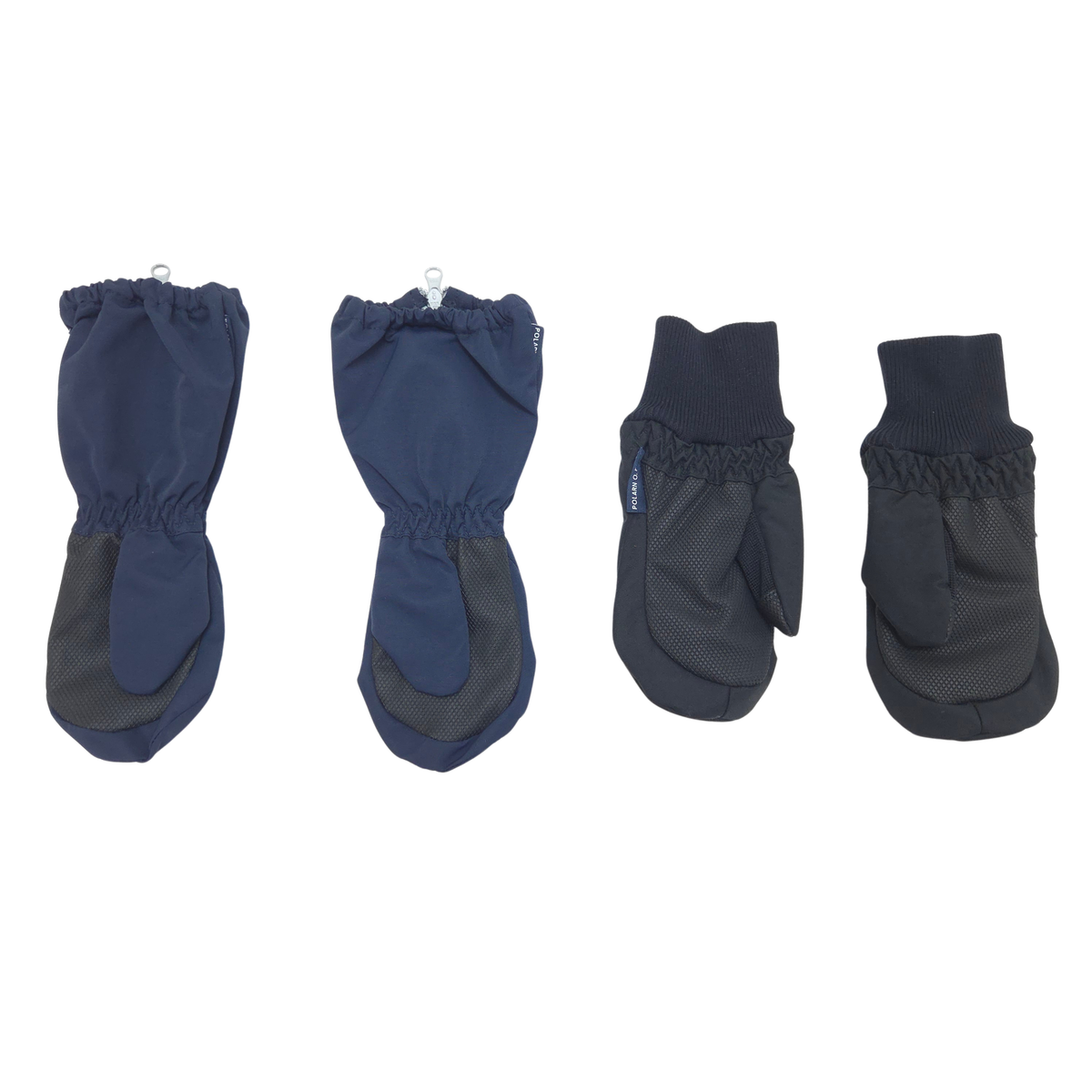 The set includes one pair of navy shell mittens, size 2-4Y, and one pair of black winter mittens, size 2-4Y.