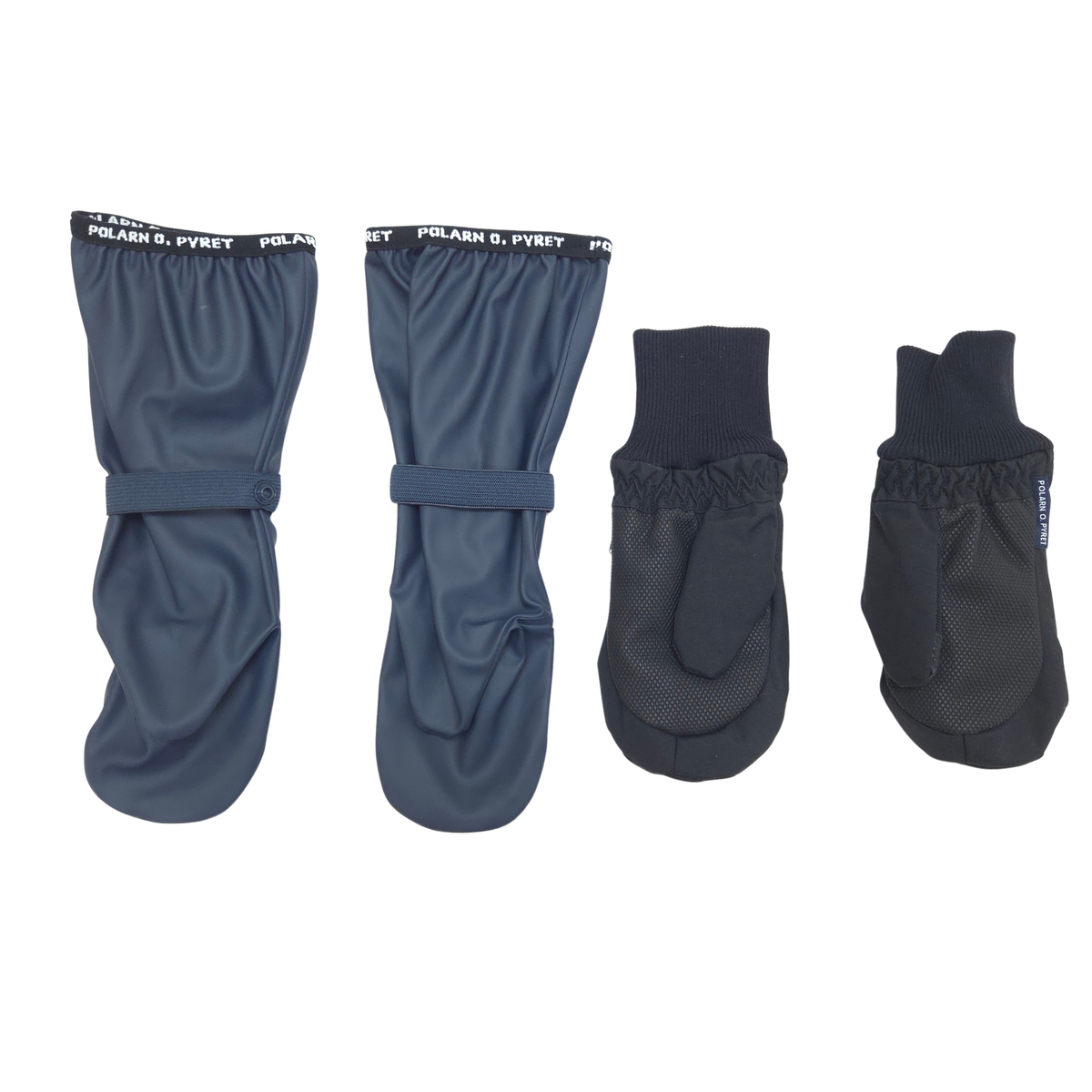 The set includes one pair of navy rain mittens, size 2-4Y, and one pair of black winter mittens, size 2-4Y.