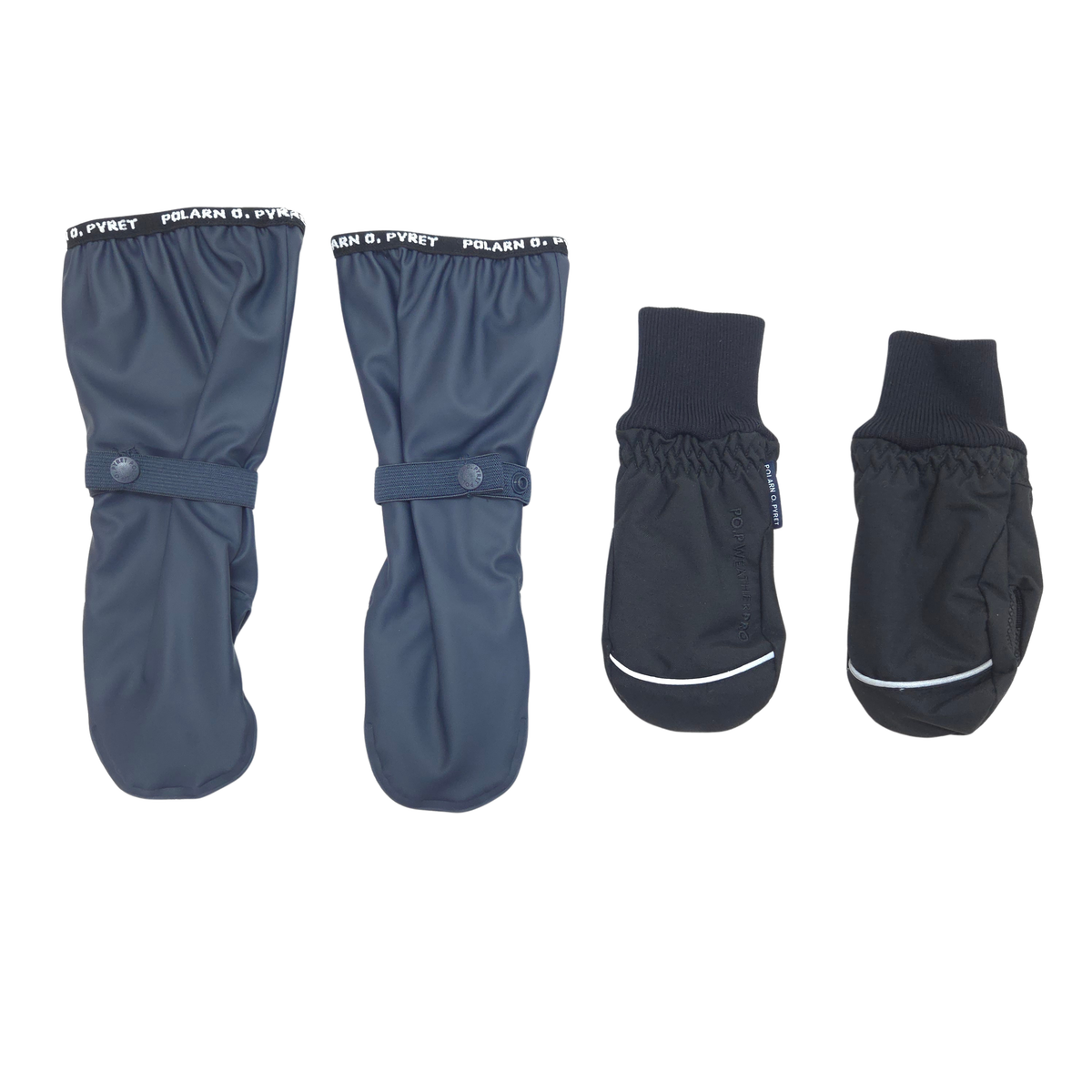 The set includes one pair of navy rain mittens, size 2-4Y, and one pair of black winter mittens, size 2-4Y.