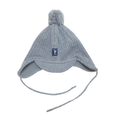 A light gray ribbed knit pom-pom beanie with ear flaps and long ties, featuring a small navy blue brand patch on the front.