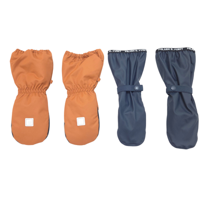 The set includes one pair of orange winter mittens, size 2-4Y, and one pair of navy rain mittens, size 2-4Y.