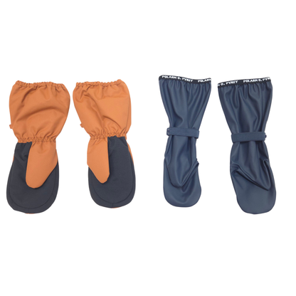 The set includes one pair of orange winter mittens, size 2-4Y, and one pair of navy rain mittens, size 2-4Y.