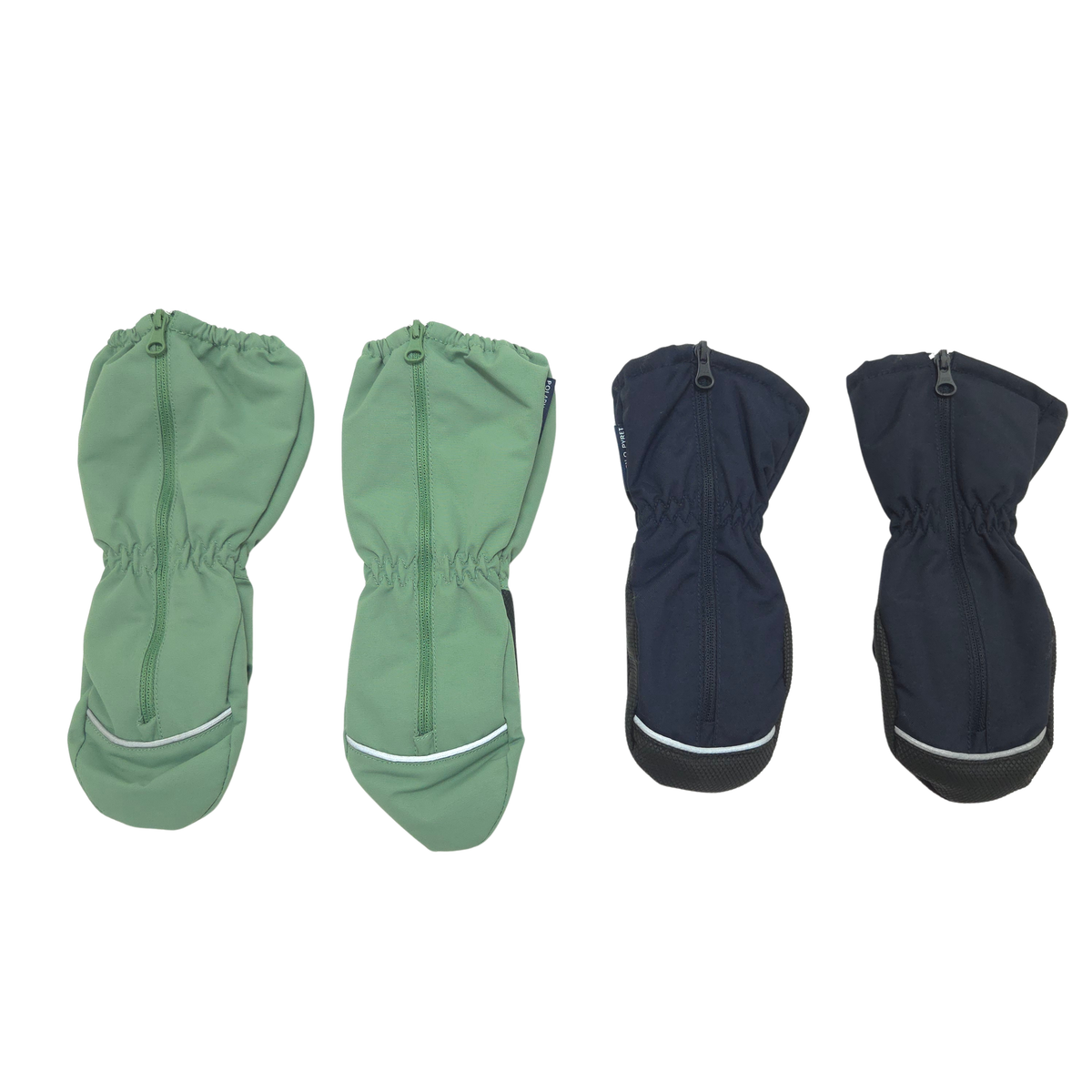 The set includes one pair of green shell mittens, size 2-4Y, and one pair of navy winter mittens, size 2-4Y.