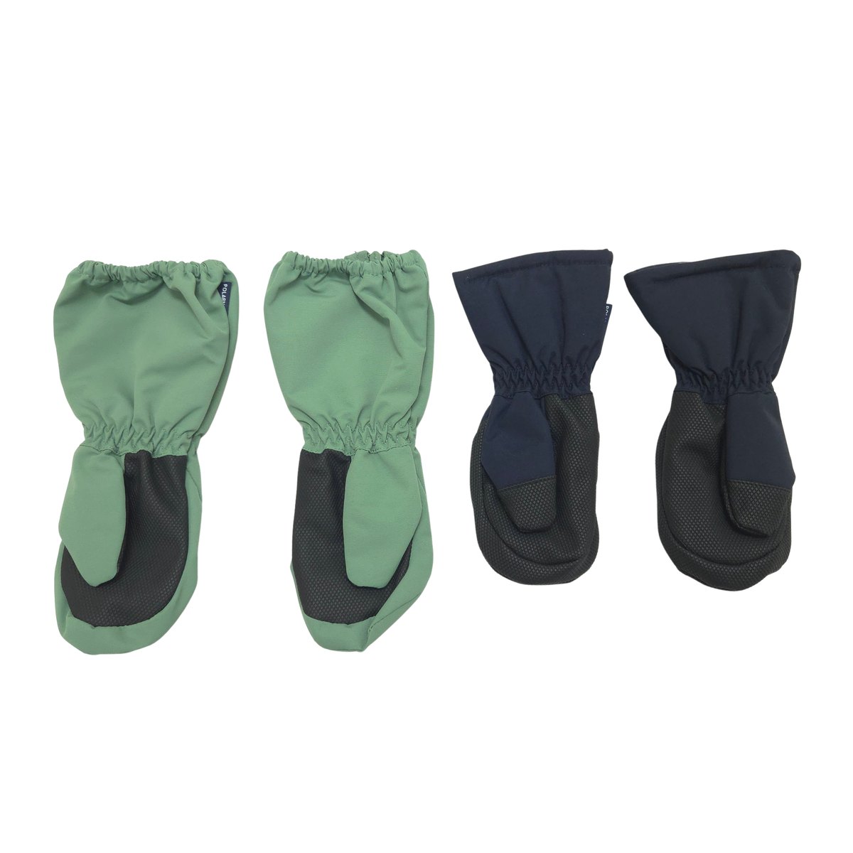 The set includes one pair of green shell mittens, size 2-4Y, and one pair of navy winter mittens, size 2-4Y.