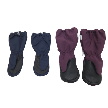 The set includes one pair of navy shell mittens, size 2-4Y, and one pair of purple pile fleece lined winter mittens, size 2-4Y.