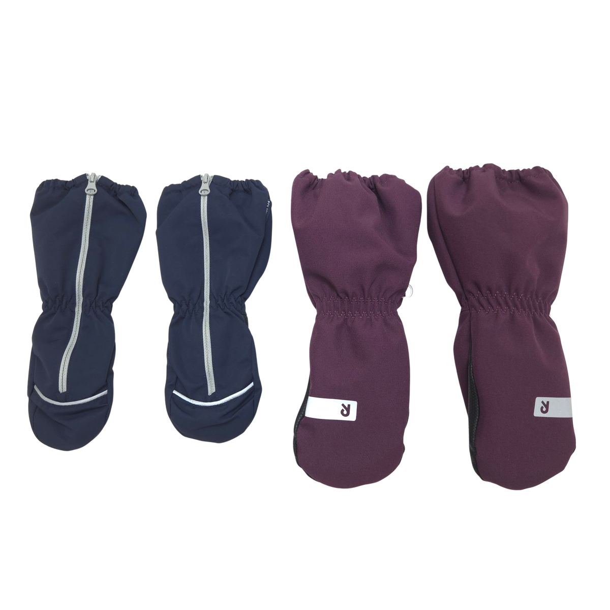 The set includes one pair of navy shell mittens, size 2-4Y, and one pair of purple pile fleece lined winter mittens, size 2-4Y.