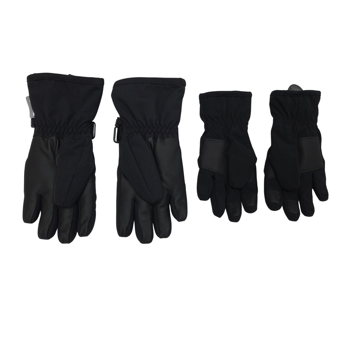 The set includes one pair of black winter gloves, size 4-6Y, and one pair of black softshell gloves, size 4-6Y.