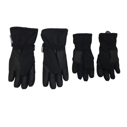 The set includes one pair of black winter gloves, size 4-6Y, and one pair of black softshell gloves, size 4-6Y.